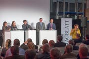 Nach einer Einführung von Bundesrätin Doris Leuthard (rechts) diskutierten Yvonne Gilli, Claudia Friedl, Roland Eberle und Marc Mächler (von links) unter Leitung von Tagblatt-Chefredaktor Stefan Schmid (Mitte) über den Atomausstieg. (Bild: Urs Bucher)