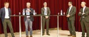 Im Podium diskutierten Marco Padrun (Evatec), Gerhard Hauser, PH St. Gallen, Schulratspräsident und Gemeinderat Sargans, Andreas Schubiger, ZbW, Daniel Grünenfelder, Tamina Therme, und Marc Weder, Director Education – Microsoft Schweiz (von links). (Bild: Heidy Beyeler)