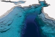 3D-Modell des Bodensees in Richtung Konstanzer Bucht. Oben rechts sieht man den Überlinger See.
