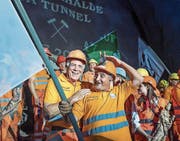 Tunnelarbeiter feiern den Ruckhalde-Durchstich. (Bild: Michel Canonica)