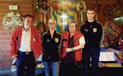 Die Sieger (von links): Benno Rist, SG Goldach, Pistole 50 m, Doris Alther, SV Eggersriet-Grub, Gewehr 300 m, Uschi Rüegg, SG Goldach, Pistole 25 m, und Christian Schmid, SV Eggersriet-Grub, Junioren Gewehr 300 m. (Bild: Natascha Winter)