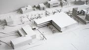 Bestehendes Primarschulhaus (links), Schulraumerweiterung mit Mehrzweckhalle (Mitte), davor Sport- und Pausenplatz. Rechts ist ein Ansatz der Zentrumsüberbauung zu sehen.