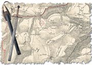 Das Ausserrhoder Richtschwert über einem Kartenausschnitt von 1834, rot eingekreist der Richtplatz bei Trogen. (Bild: Illustration: Silvana Hügli; Quelle: Staatsarchiv AR)