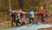 Gemeinsam anpacken – Die Jugendlichen von der Klasse 1bNP der Kanti Wil säubern ein Waldstück in der Mistelegg. (Bilder: Urs M. Hemm)