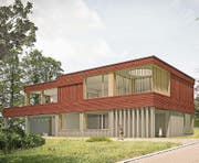 Die Visualisierung des Doppelkindergartens zeigt die Materialien: Beton für das Erdgeschoss, Holz für das Obergeschoss. (Bild: PD)