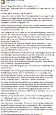 "Und dann waren wir schon in der Schweiz": Ein Facebook-Screenshot, verbreitet von der Antifa Bern, zeigt das Statement von Sven Skoda zum Abend in Kaltbrunn. (Bild: Facebook)