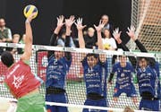 Die favorisierten Amriswiler (blau) waren beim Playoff-Auftakt in Schönenwerd auf dem Posten. (Bild: Mario Gaccioli (Amriswil, 20. Januar 2018))