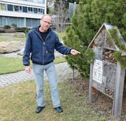 Andres Scholl, Leiter Fachstelle Natur und Landschaft, mit dem guten Beispiel eines Wildbienenhauses beim Spital Herisau. (Bild: KER)