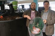 Fischwirt Olaf Weinreich (links) und Geschäftsführer Philipp Gschwend mit dem exotischen Fisch Tilapia. (Bild: Martin Brunner)
