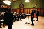 Podium der Thurgauer Zeitung im Januar: Ueli Fisch und Walter Schönholzer stellen sich den Fragen von TZ-Redaktionsleiter David Angst. (Bild: Donato Caspari)