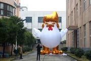 Donald Trump in Ehren: Ein chinesische Fabrik produzierte im Januar ein acht Meter hohes aufblasbares Huhn, das dem neuen US-Präsidenten ähnlich sieht. (Bild: ZHU JUN (EPA))