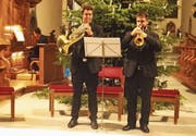 Auftritt in der Pelagiuskirche: Michael Widmer (Orgel), Elia Bolliger (Horn) und Urs Itin (Trompete). (Bild: Erwin Schönenberger)
