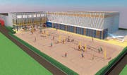 Die Visualisierung der Stiftung Sandhalle zeigt das geplante Beachhouse, das sich nahtlos an die Turnfabrik schmiegt. (Bild: PD)