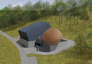 Eine Talstation mit Photovoltaik-Panels und eine hölzerne Nuss als Warteraum. Sie gehört zum Projekt der neuen Staubernbahn, die ab Frühling 2016 gebaut werden soll. (Bild: Visualisierung: pd)