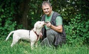 Ullaja zeigt ihrem Herrchen Sepp Kesseli stolz den eben gefundenen Trüffel. (Bild: Reto Martin)