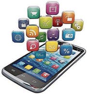 Mobile applications, business software and social media networking service concept: modern black glossy touchscreen smartphone with cloud of color application icons isolated on white background with reflection effect (Bild: (51372889))