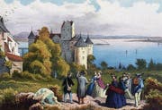 Bild: Meersburg, Altes Schloss von Nordwesten, Lithographie eines unbekannten Künstlers, um 1860/70