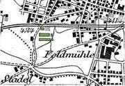 In der alten Karte ist im Quartier erst die Fabrik Baum (ab 1924 Aluminiumwerke) sichtbar. Pestalozzischulhaus und -strasse gab's noch nicht. (Bild: Karte: Swisstopo (Rorschach, 1902))