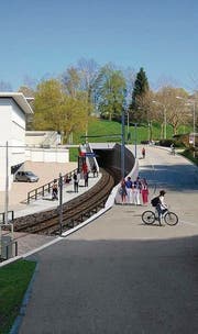 Durch den Berg: Südportal des geplanten Ruckhalde-Tunnels der Appenzeller Bahnen im St. Galler Riethüsli-Quartier. (Bild: Visualisierung: pd)