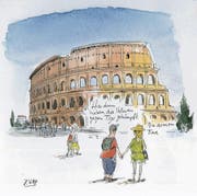 Sie planen Ferien? Nun, dann könnte Italien ja ein Ziel sein. Dorthin reist Peter Gaymann jedes Jahr, denn er liebt das südliche Lebensgefühl, alles Unperfekte mit mehr Leichtigkeit zu nehmen. In Gaymanns Karikaturen spiegelt sich diese liebevolle Zuwendung - und auch ein wenig Spott über jene Touristen, die jeden Sommer das Land überfluten. In der allerletzten Karikatur sitzen zwei am Strand. Sagt er: «Sonnenuntergang!» Antwortet sie: «So was können nur die Italiener.» (R. A.)