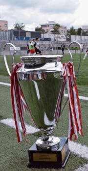 Während des Finals wartet der Wanderpokal auf den temporären Besitzer. Zu den Farben der Schleifen passend, siegte das Walliser Team.