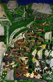 Niklaus Wenk: Alpabfahrt Kreialp in den Zwanzigerjahren, 1982, Öl auf Holz. (Bild: Sammlung Erna und Curt Burgauer)