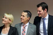 Die FDP-Bundesratsanwärter Isabelle Moret, Ignazio Cassis und Pierre Maudet. (Bild: JEAN-CHRISTOPHE BOTT (KEYSTONE))