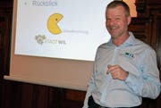 Die Stadt Wil, symbolisch dargestellt durch den gefrässigen Pacman, habe sich zahlreiche Anlässe von Wil Tourismus einverleibt, lautete das Fazit des Präsidenten Walter Dönni an der Hauptversammlung. (Bild: Gianni Amstutz)
