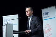 Bundesrat Ignazio Cassis während seiner Ansprache an der Kantonalversammlung der FDP Kanton St.Gallen. (Bild: Ralph Ribi)