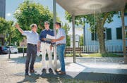 Alfredo Sanfilippo, Walter Schmid und Stephan Marty schauen sich am Signer-Brunnen an der Marktstrasse die Situation an. (Bild: Andrea Stalder)