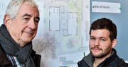«Max und Moritz» heisst ihr Projekt – Urs Zaugg (Projektmanagement) und Flavio Lang (Architekt) vom Büro Gisel + Partner heissen die Verfasser des Projekts für den Doppelkindergarten Thomas-Bornhauserstrasse. Der Baukredit wird am 10. Juni zur Abstimmung kommen. (Bilder: Max Eichenberger)
