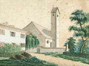 Pfarrhaus und Kirche von Oberneunforn, wie sie der spätere Fabrikant Caspar Züblin-Züblin (1805 bis 1865) im Jahr 1821 gemalt hat. (Bilder: Staatsarchiv des Kantons St. Gallen)