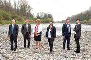 Der Thurgauer Regierungsrat: (von rechts nach links) Monika Knill, Jakob Stark, Carmen Haag, Cornelia Komposch und Walter Schönholzer. Ganz links im Bild Staatsschreiber Rainer Gonzenbach. (Bild: pd)