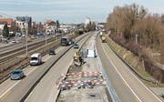 Die Baustelle zwischen Rheineck und St. Margrethen ist 8,3 Kilometer lang, hier der Blick von der Zollbrücke Rheineck–Gaissau in Fahrtrichtung St. Gallen. (Bild: Astra)