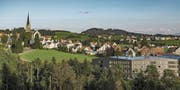 Blick von Rehetobel aus: Entgegen dieser Visualisierung ist geplant, die Windanlagen in Olivgrün zu streichen. Die roten Streifen an den Flügeln sind eine Vorgabe des Bundes. (Bild: Visualisierung: Appenzeller Wind AG)