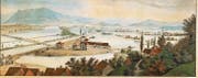 Überschwemmung im Jahr 1868 am Rhein bei Au (Aquarell). Ganz links wird die beschädigte Bahnbrücke wiederhergestellt. (Bild: Privatbesitz, Reproduktion Staatsarchiv St. Gallen)