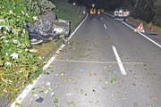 Ein betrunkener Autofahrer hat auf der Frauenfelderstrasse oberhalb von Steckborn einen Unfall verursacht. Daraufhin erlag ein 31-jähriger Insasse seinen schweren Verletzungen. (Bild: Kapo TG (9.10.2016))