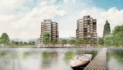 So visionalisiert HRS Real Estate AG ihr vierzehngeschossiges Überbauungsprojekt auf der Metropol-Parzelle am See. (Bild: pd (Visualisierung))