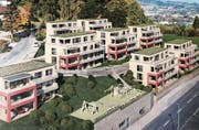 Diese Überbauung soll direkt vis-à-vis der heutigen Migros in der Walke entstehen. Die Visualisierung findet sich auf dem Deckblatt zum Baubeschrieb, welcher bei der Gemeinde aufliegt. Die vorderen zwei Häuser an der Strasse sind noch nicht Teil der jetzigen Baueingabe. (Bild: RF)