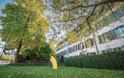 Die Rasenfläche an der Ecke Promenadenstrasse/Zürcherstrasse mit Natale Sapones Stahlskulptur, rechts vorne angeschnitten das Haus «Zur Krone», in der Mitte das Haus «Zur Palme», rechts hinten das Bernerhaus («Zur Geduld»). (Bild: Reto Martin)