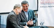 Spass beim Interview: Philipp Landmark befragt Peter Spuhler. (Bild: Donato Caspari)