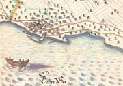 Eine Grenzkarte von Steinach in der ersten Hälfte des 18. Jahrhunderts – mit Hafen und Gredhaus. (Bild: Stiftsarchiv St. Gallen)