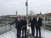 Die Chefs auf dem Schiff: Remo Rey (Schweizerische Schifffahrtsgesellschaft Untersee und Rhein), Andrea Ruf (Schweizerische Bodensee Schifffahrt), Norbert Reuter (Bodensee-Schiffsbetriebe) und Alexandro Rupp (Vorarlberg Lines Bodenseeschifffahrt). (Bild: Sebastian Keller)
