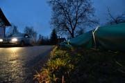Auf etwas mehr als 150 Metern Länge erstreckt sich seit Dienstagmorgen der Froschzaun an der Fischenhölzlistrasse. (Bild: Manuel Nagel)