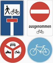 Für langsame E-Bikes mit Tempo unter 25 km/h gelten die gleichen Regeln wie für herkömmliche Velos. Für schnelle E-Bikes bis 45 km/h (Motor mit einer Nennleistung des Elektroantriebs von 500 Watt) gilt bei den abgebildeten Strassenschildern: Motor abschalten. (Bild: PD)