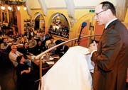 Der St. Galler FDP-Regierungsrat Marc Mächler referiert bei der 320. HV des Gewerbevereins Rorschach zum Thema: «Öffentliches Beschaffungsrecht: Fluch und Segen zugleich.» (Bild: Rudolf Hirtl)