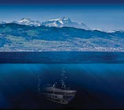 Den Säntis im Hintergrund: So könnte ein U-Boot im Bodensee abtauchen. (Bild: Fotomontage: sgt)