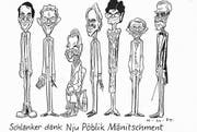 Der Bundesrat mit Adolf Ogi, Kaspar Villiger, Jean-Pascal Delamuraz, Moritz Leuenberger, Ruth Dreifuss, Arnold Koller und Flavio Cotti (von links). (Bild: Archiv für Zeitgeschichte an der ETHZ)