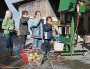 Kinder probieren den frisch gepressten Most, während das flüssige Gold aus der Presse heraus in den Kübel fliesst. (Bild: Yvonne Aldrovandi-Schläpfer)