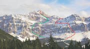 Die Säntis-Nordwand-Skirouten: Grün die kürzlich durch den Genfer Sébastien de Sainte Marie erstbefahrene Route; rot die Route Franz Grubenmanns, die meist dem Wanderweg folgt. (Bild: apz/Archiv)